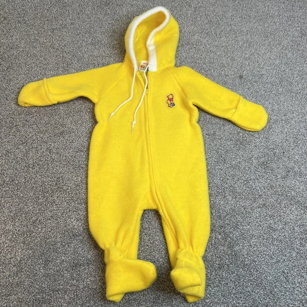 vtg Disney Winnie The Pooh bodysuit 12-18 Months Yellow‎ Hooded Fleece 80s 90s